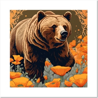 Bear Plodding Through Orange Californian Poppies Posters and Art